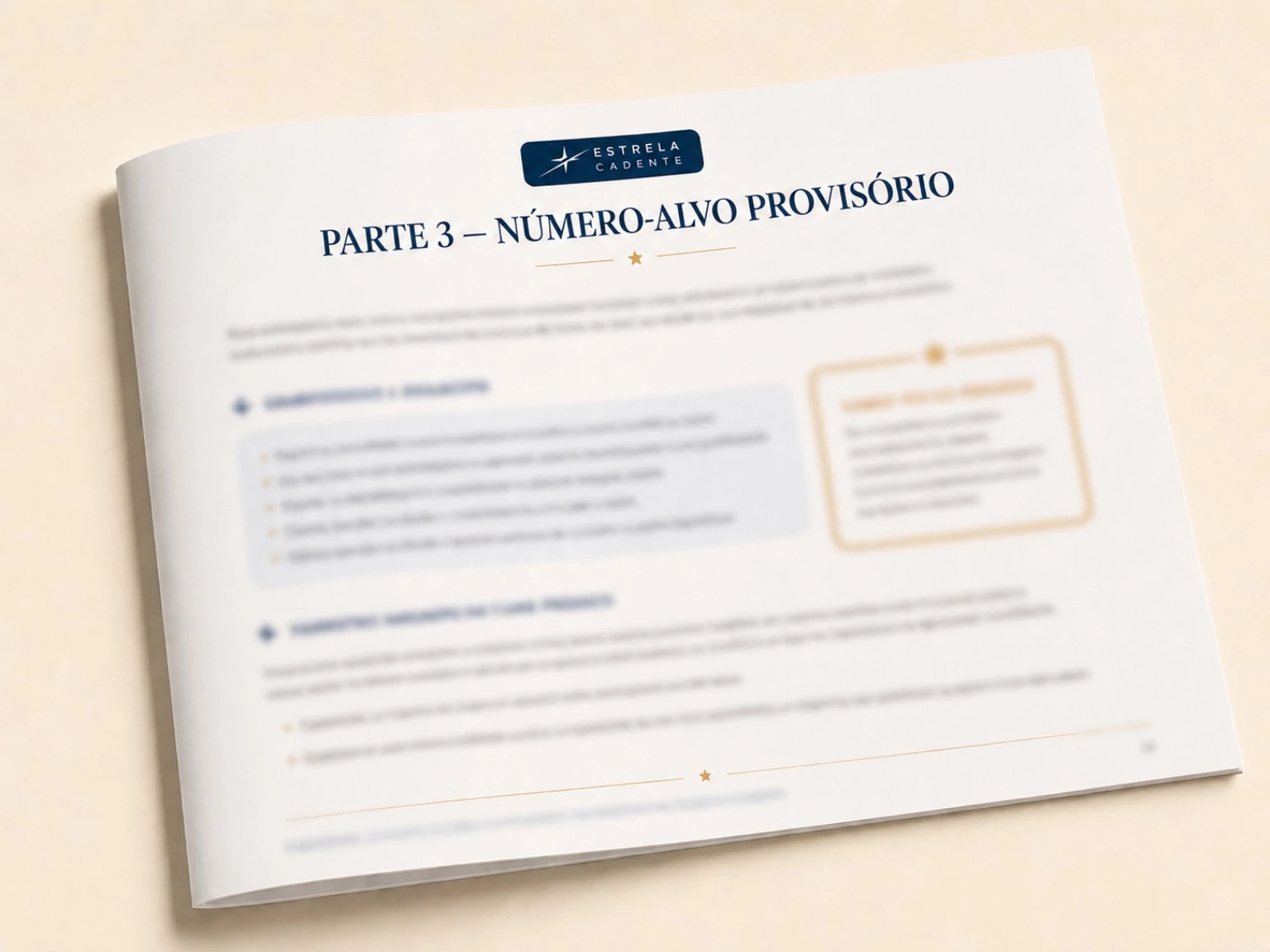Página interna desfocada da Parte 3 sobre número-alvo provisório