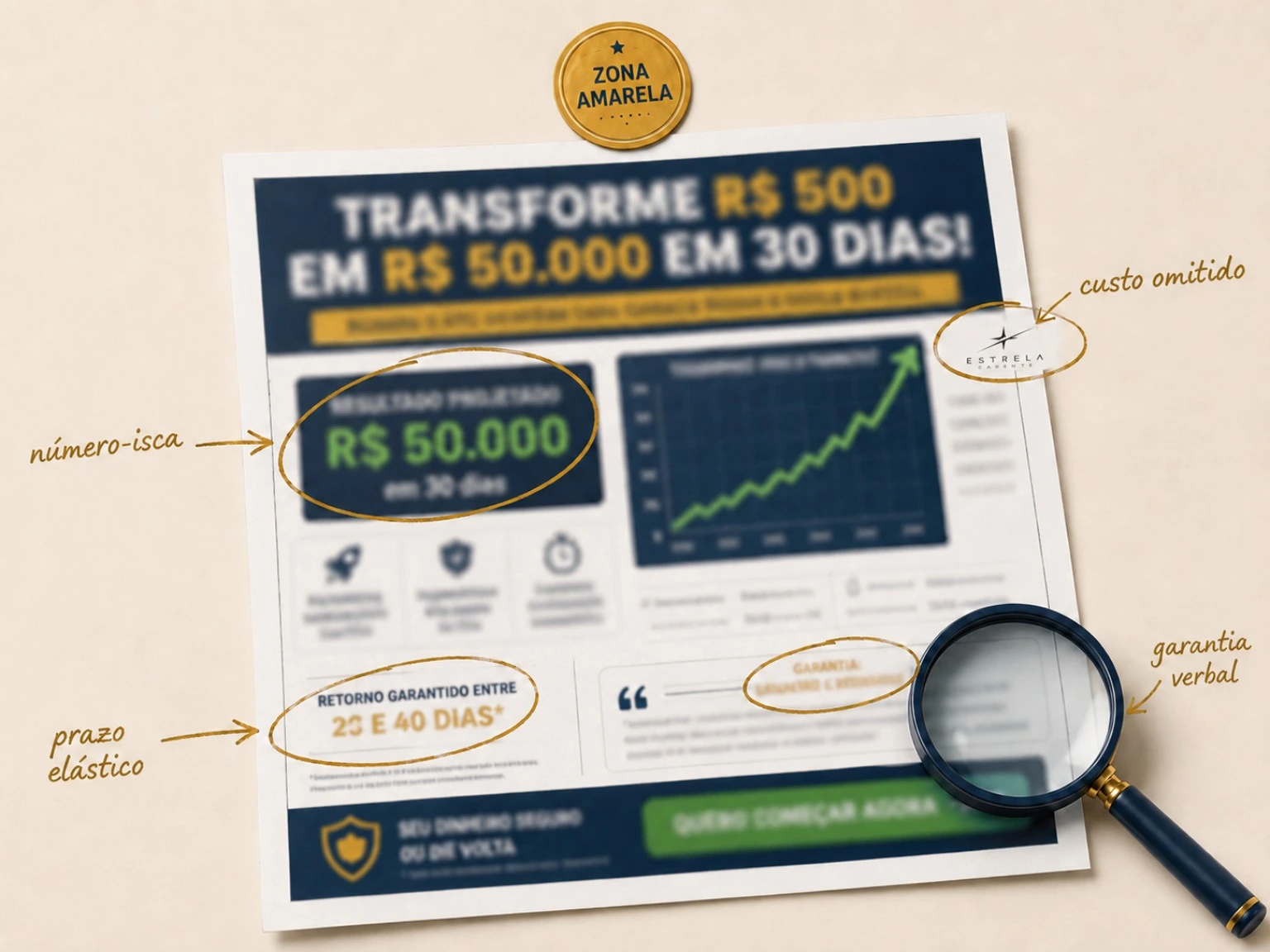 Exemplo dissecado de promessa financeira com anotações educacionais